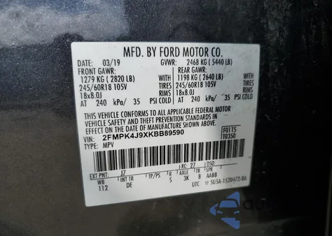 2019 Ford Edge Sel z USA, uszkodzony, nr VIN 2FMPK4J9XKBB89590